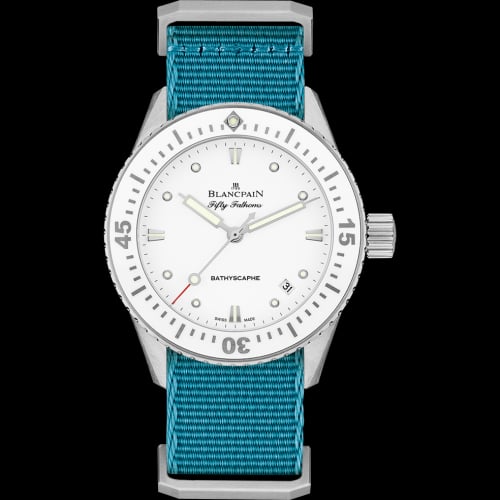 Blancpain Fifty Fathoms Bathyscaphe Stainless Steel / White / Baby Blue Nato