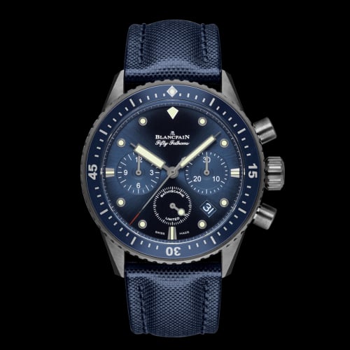 Blancpain Fifty Fathoms Bathyscaphe Flyback Chronograph Grey Ceramic / Blue / Blue Canvas