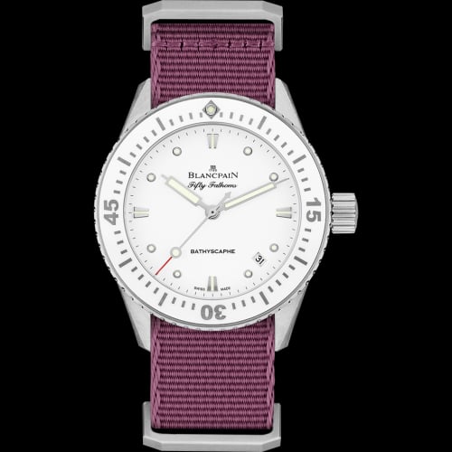 Blancpain Fifty Fathoms Bathyscaphe Stainless Steel / White / Bordeaux Nato