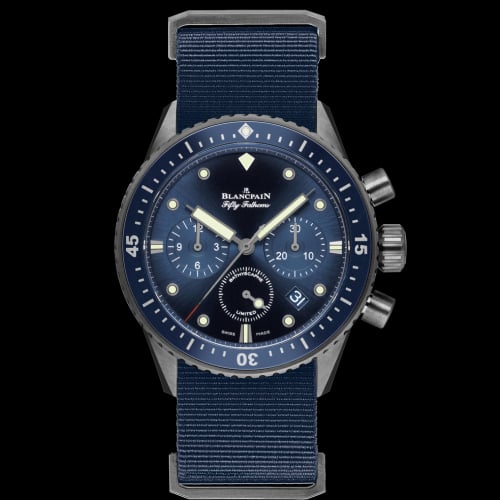 Blancpain Fifty Fathoms Bathyscaphe Flyback Chronograph Grey Ceramic / Blue / Blue Nato