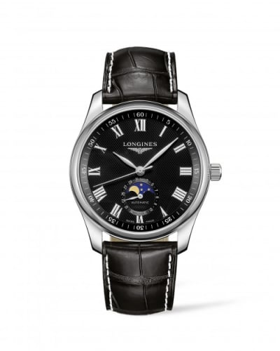 Longines Master Collection 40 Moonphase Stainless Steel / Black-Roman / Alligator