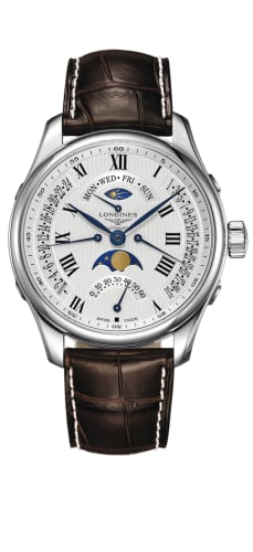 Longines Master Collection 44 Retrograde Moonphase Stainless Steel / Silver-Roman / Alligator