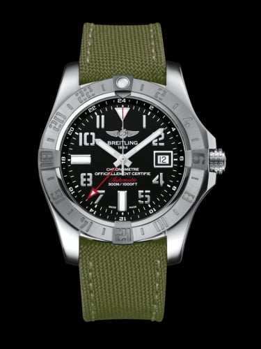 Breitling Avenger II GMT Stainless Steel / Volcano Black / Military / Pin