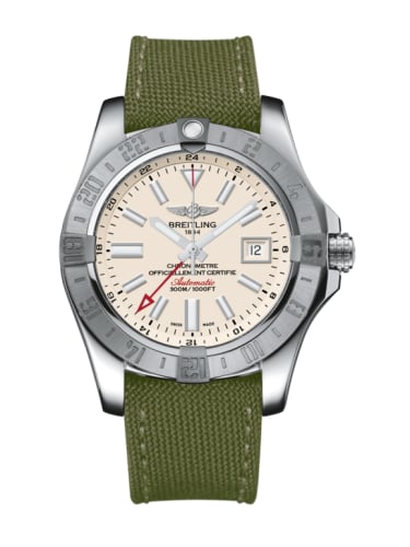 Breitling Avenger II GMT Stainless Steel / Stratus Silver / Military / Pin
