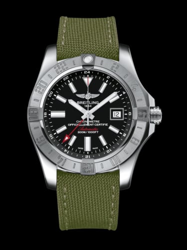 Breitling Avenger II GMT Stainless Steel / Volcano Black / Military / Pin