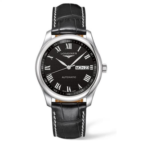 Longines Master Collection 38.5 Day Date Stainless Steel / Black-Roman / Alligator
