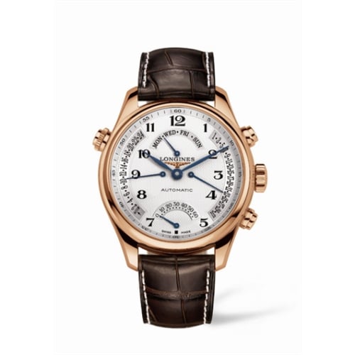 Longines Master Collection 44 Retrograde Pink Gold / Silver-Arabic / Alligator