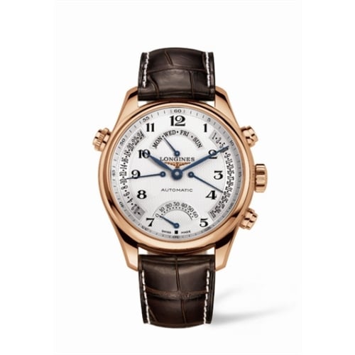 Longines Master Collection 44 Retrograde Pink Gold / Silver-Arabic / Alligator XL