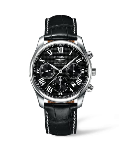 Longines Master Collection 42 Chronograph Stainless Steel / Black-Roman / Alligator
