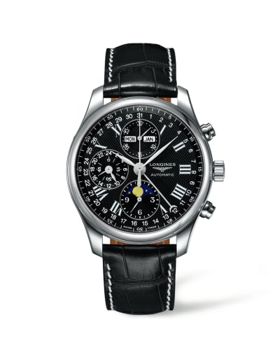 Longines Master Collection 42 Chronograph Calendar Stainless Steel / Black-Roman / Alligator