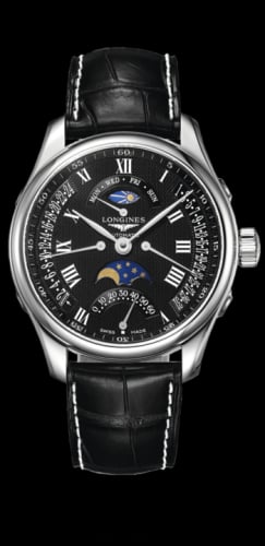 Longines Master Collection 44 Retrograde Moonphase Stainless Steel / Black-Roman / Alligator XL