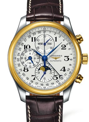 Longines Master Collection 42 Chronograph Calendar Stainless Steel / Yellow Gold / Silver-Arabic / Alligator