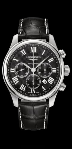 Longines Master Collection 44 Chronograph Stainless Steel / Black-Roman / Alligator XL