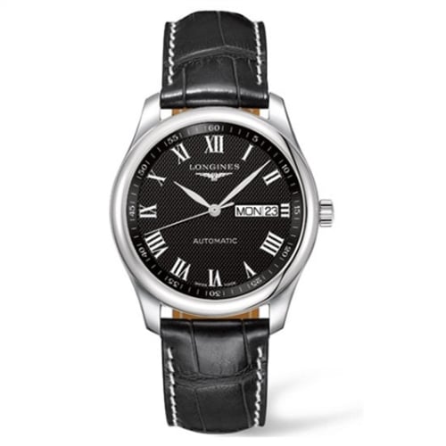 Longines Master Collection 38.5 Day Date Stainless Steel / Black-Roman / Alligator