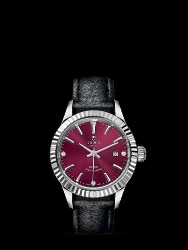Tudor Style 28 Stainless Steel / Fluted / Burgundy-Diamond / Strap