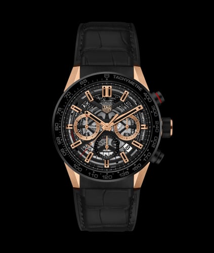 TAG Heuer Carrera Calibre Heuer 02 43 Rose Gold / Black Ceramic / Skeleton Alligator