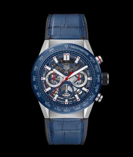 TAG Heuer Carrera Calibre Heuer 02 45 Stainless Steel / Blue Ceramic / Skeleton / Alligator