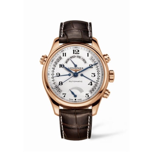 Longines Master Collection 44 Retrograde Power Reserve Pink Gold / Silver-Arabic / Alligator
