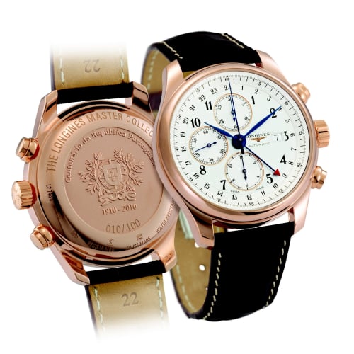 Longines Master Collection 44 Chronograph Pink Gold / Silver-Arabic / Alligator / 100th anniversary of the Republic of Portugal