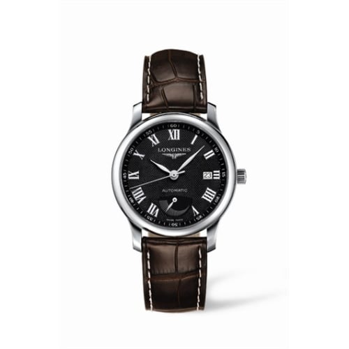 Longines Master Collection 38.5mm Power Reserve Stainless Steel / Black-Roman / Alligator