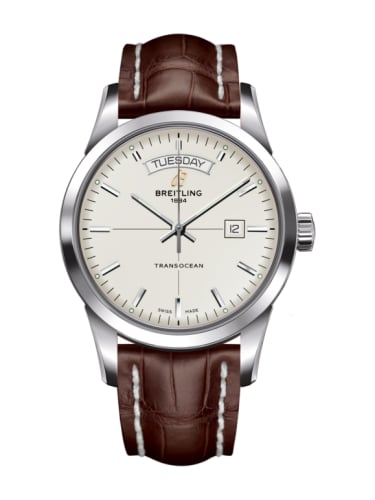 Breitling Transocean Day &amp; Date Stainless Steel / Silver / Croco / Pin