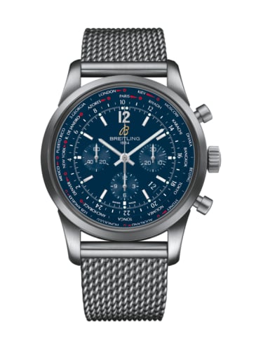 Breitling Transocean Chronograph Unitime Pilot Stainless Steel / Blue / Milanese