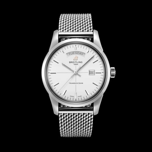 Breitling Transocean Day &amp; Date Stainless Steel / Silver / Milanese