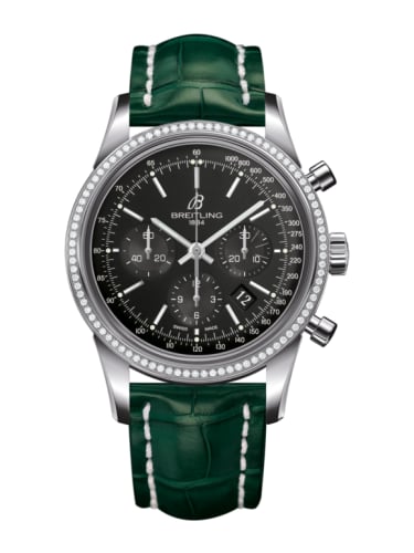 Breitling Transocean Chronograph Stainless Steel / Diamond / Black / Croco