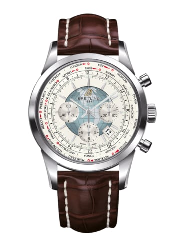 Breitling Transocean Chronograph Unitime Stainless Steel / Silver / Croco