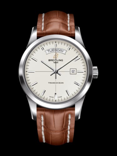 Breitling Transocean Day &amp; Date Stainless Steel / Silver / Croco / Folding