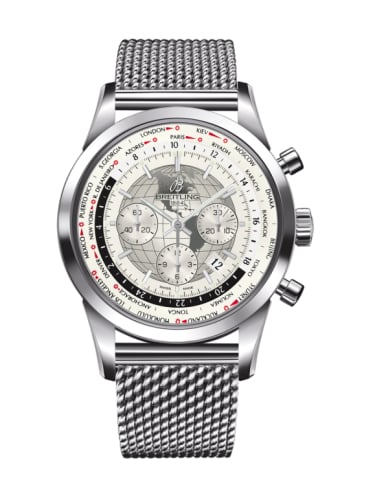 Breitling Transocean Chronograph Unitime Stainless Steel / Silver / Milanese