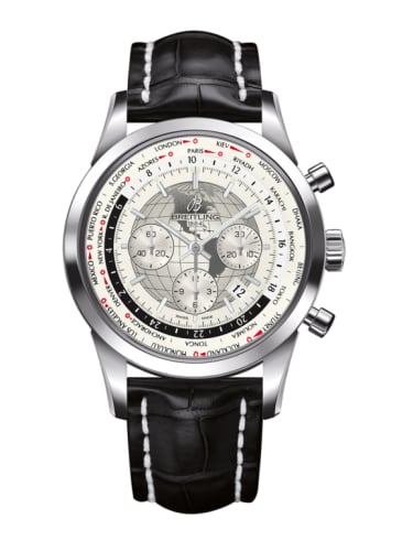 Breitling Transocean Chronograph Unitime Stainless Steel / Silver / Croco