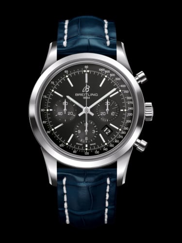 Breitling Transocean Chronograph Stainless Steel / Black / Croco / Folding