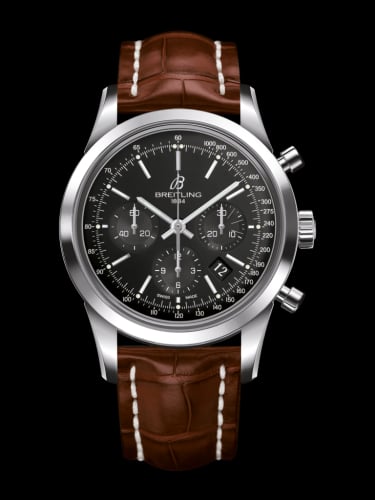 Breitling Transocean Chronograph Stainless Steel / Black / Croco / Folding