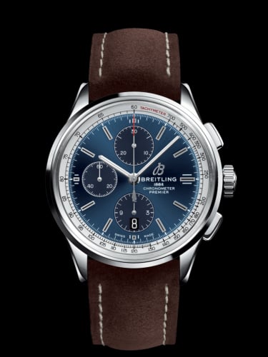 Breitling Premier Chronograph 42 Stainless Steel / Blue / Nubuck Brown / Tang