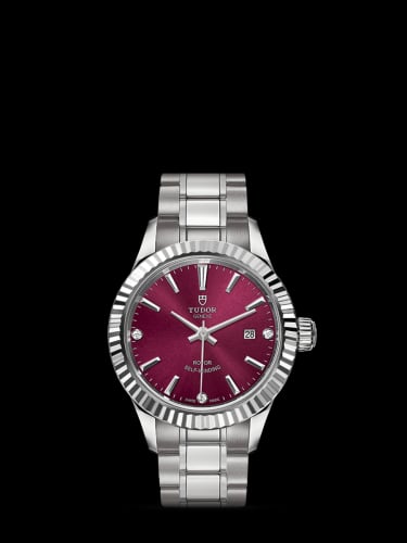 Tudor Style 28 Stainless Steel / Fluted / Burgundy-Diamond / Bracelet