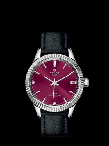 Tudor Style 34 Stainless Steel / Fluted / Burgundy-Diamond / Strap