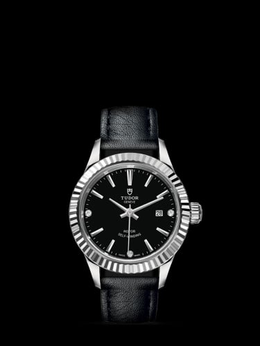 Tudor Style 28 Stainless Steel / Fluted / Black-Diamond / Strap