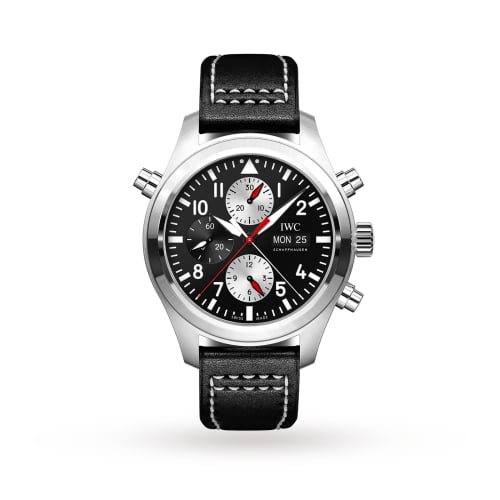 IWC Schaffhausen Pilot's Watch Double Chronograph Stainless Steel / Black-Silver / Calf / Watches of Switzerland