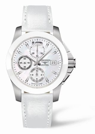 Longines Conquest Chronograph White Ceramic Leather