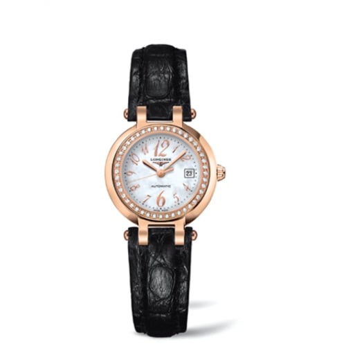 Longines PrimaLuna Automatic 26.5 Pink Gold Diamond Leather Funky MOP