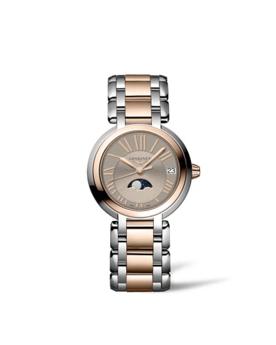 Longines PrimaLuna 30.5 Quartz Moonphase Stainless Stee - Pink Gold / Taupe - Roman / Bracelet