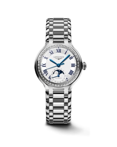 Longines PrimaLuna 34 Automatic Moonphase Stainless Steel - Diamond / Silver - Roman / Bracelet