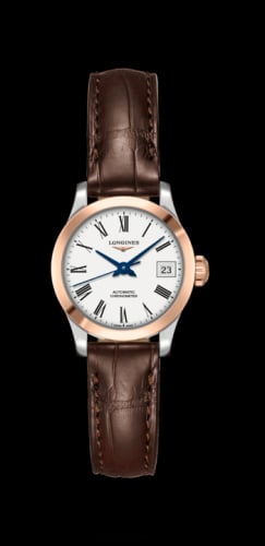 Longines Record 26mm Stainless Steel / Pink Gold / White-Roman / Alligator