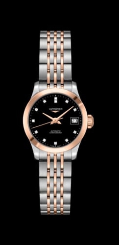Longines Record 26mm Stainless Steel / Pink Gold / Black-Diamond / Bracelet