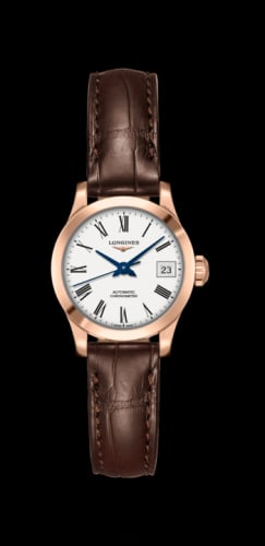 Longines Record 26mm Stainless Pink Gold / White-Roman / Alligator
