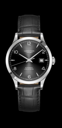 Longines Record 38.5mm Stainless Steel / Black-Arabic / Alligator