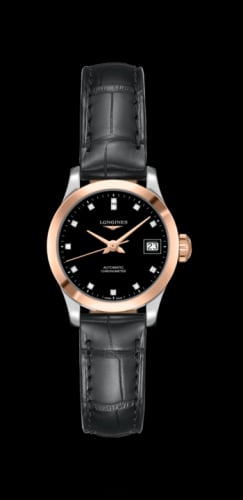 Longines Record 26mm Stainless Steel / Pink Gold / Black-Diamond / Alligator