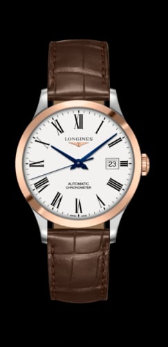 Longines Record 38.5mm Stainless Steel / Pink Gold / White-Roman / Alligator