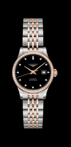 Longines Record 30mm Stainless Steel / Pink Gold / Diamond / Black-Diamond / Bracelet